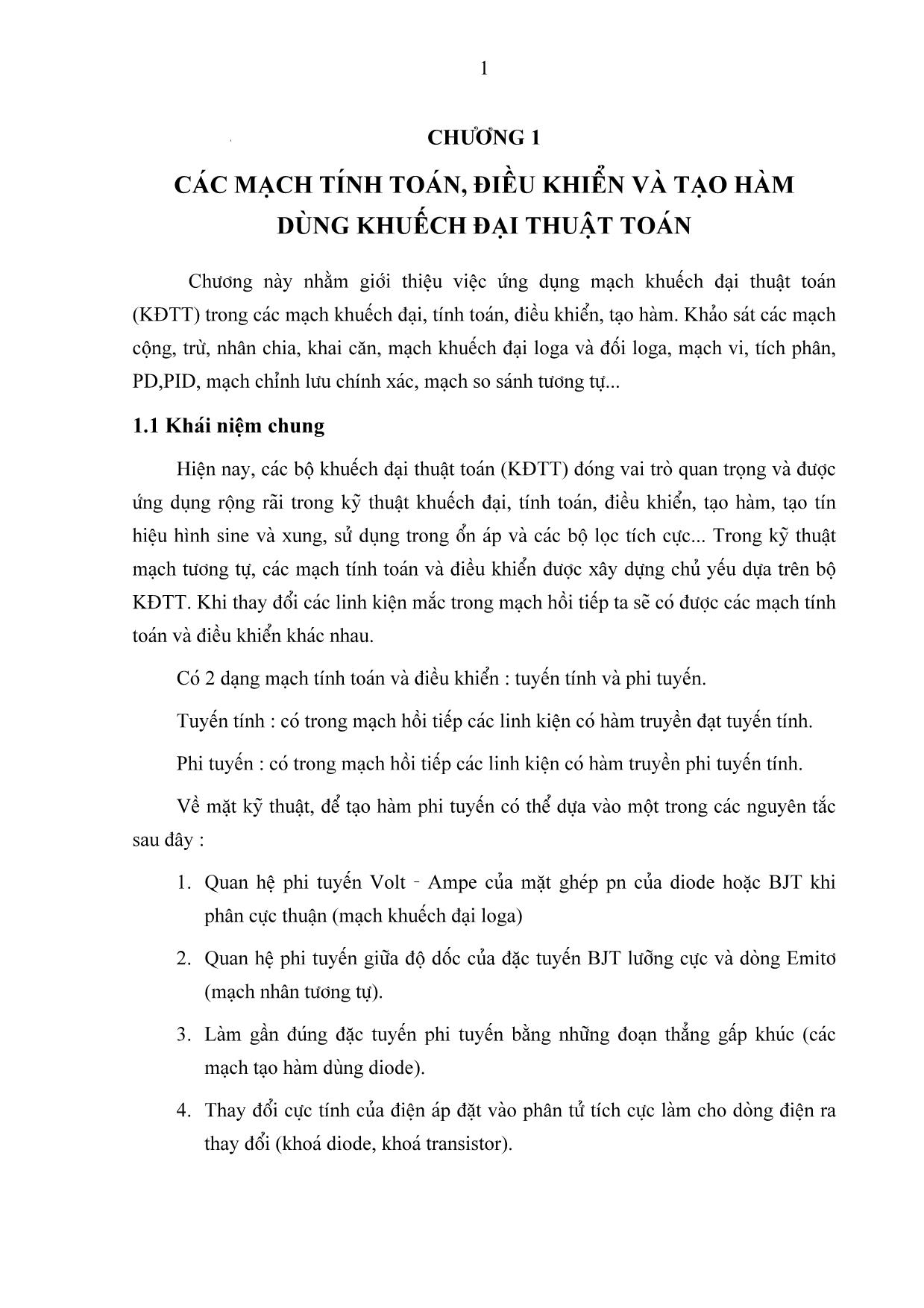 Bài giảng chương 1: Các mạch tính toán, điều khiển và tạo hàm dùng khuếch đại thuật toán trang 1