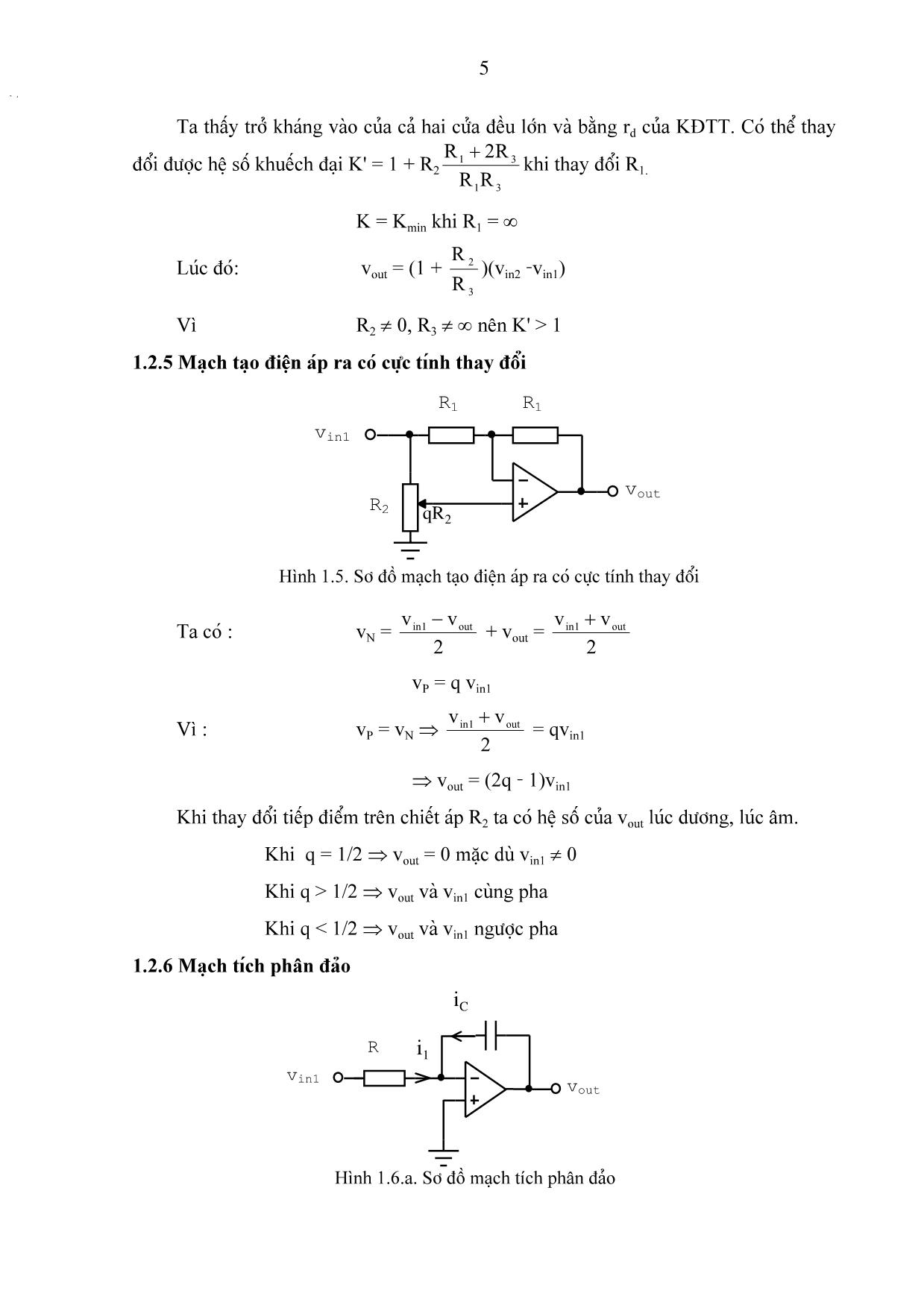 Bài giảng chương 1: Các mạch tính toán, điều khiển và tạo hàm dùng khuếch đại thuật toán trang 5