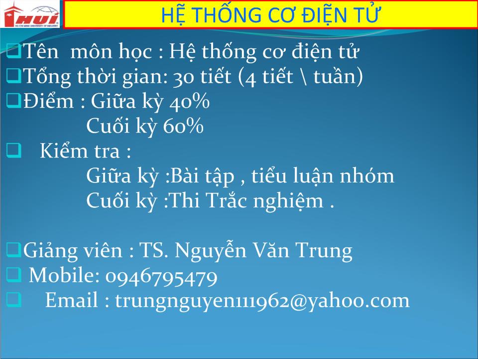 Bài giảng Hệ thống cơ điện tử trang 1