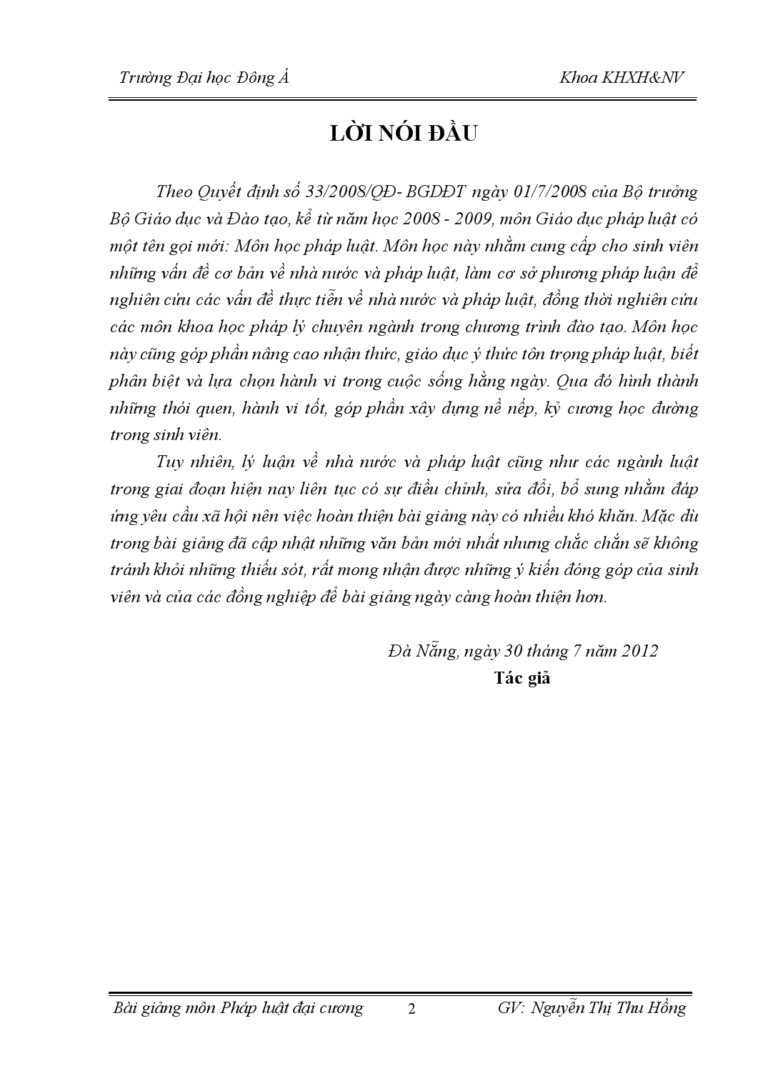 Bài giảng pháp luật đại cương - Nguyễn Thị Thu Hồng trang 2