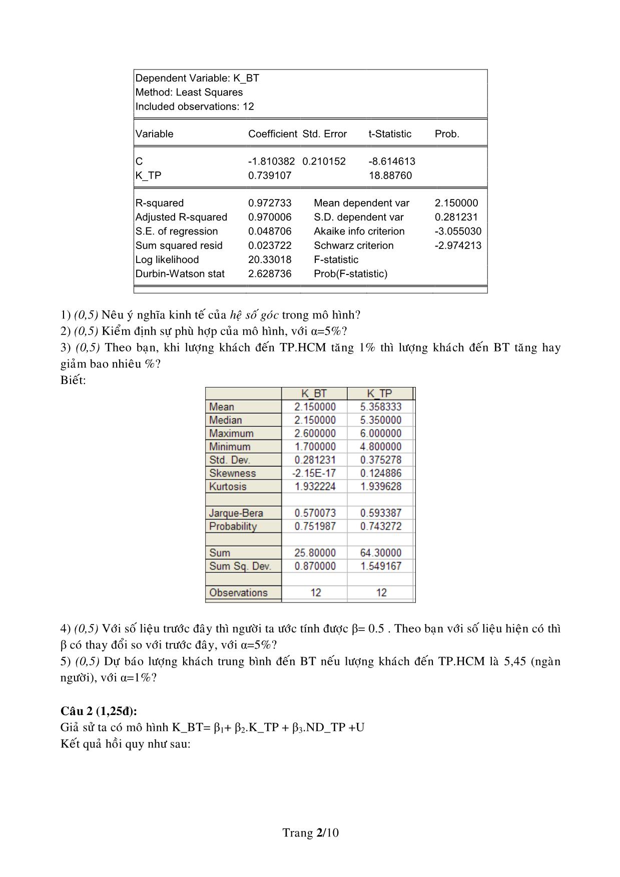 Đề thi cuối kỳ môn thi kinh tế lượng 2006-2007 trang 2