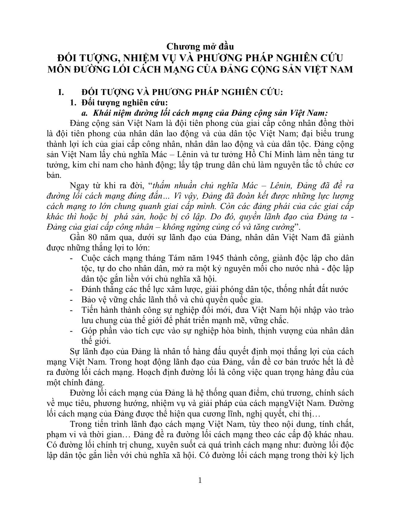 Đối tượng, nhiệm vụ và phương pháp nghiên cứu môn đường lối cách mạng của đảng cộng sản Việt Nam trang 1