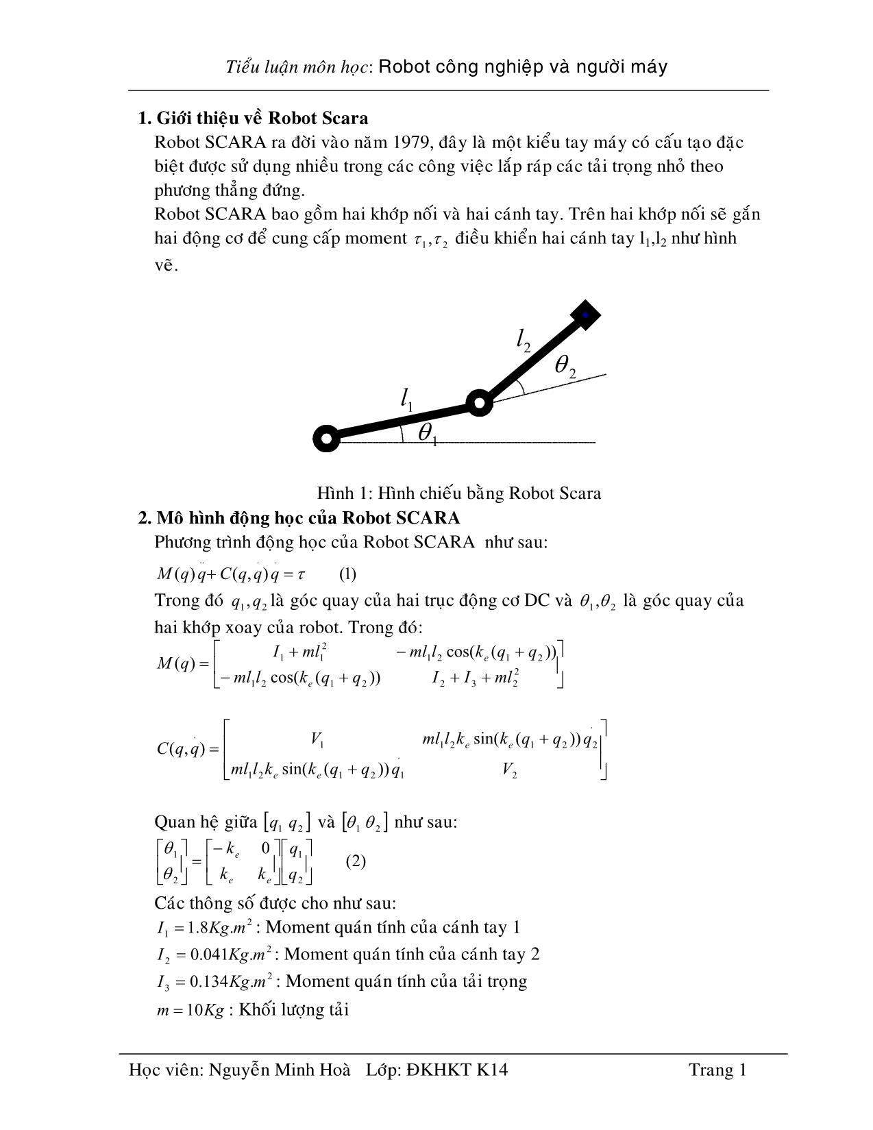 Tiểu luận Môn học: Robot công nghiệp và người máy trang 1