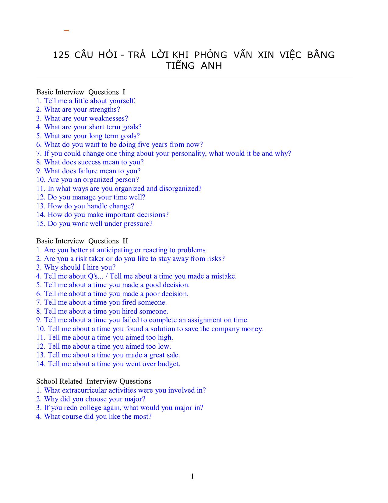 125 câu hỏi - Trả lời khi phỏng vấn xin việc bằng tiếng anh trang 1