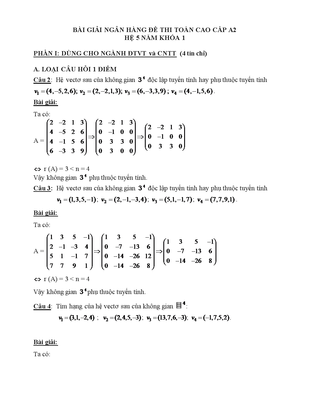 Bài giải ngân hàng đề thi toán cao cấp a2 trang 1