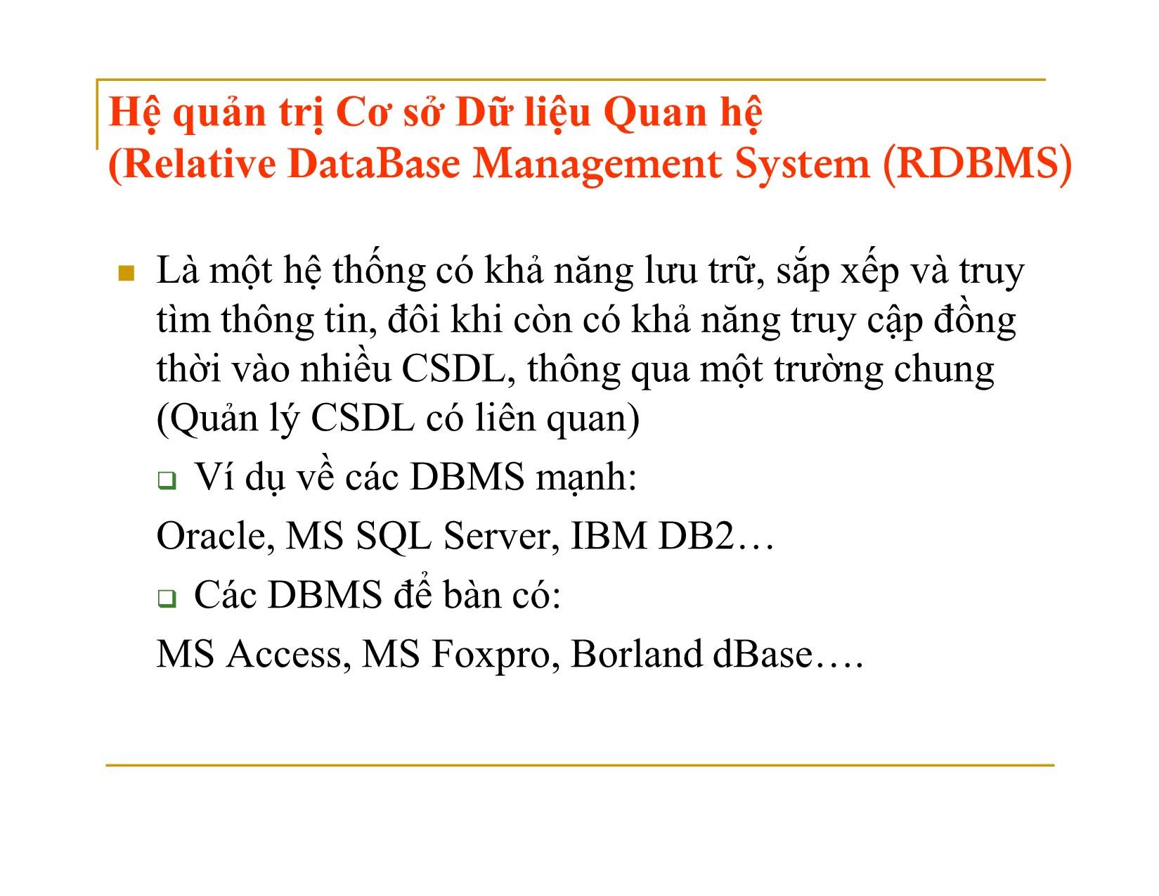 Bài giảng Hệ quản trị Cơ sở Dữ liệu Quan hệ (Relative DataBase Management System (RDBMS) trang 2