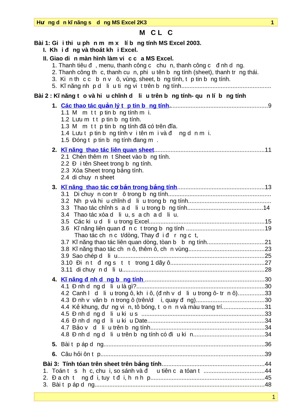 Bài giảng Hướng dẫn kĩ năng sử dụng Microsoft Excel 2003 trang 1