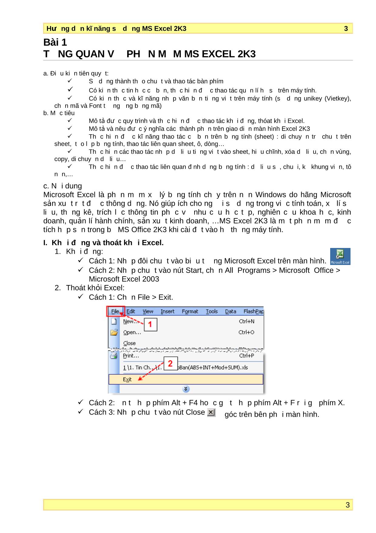 Bài giảng Hướng dẫn kĩ năng sử dụng Microsoft Excel 2003 trang 3
