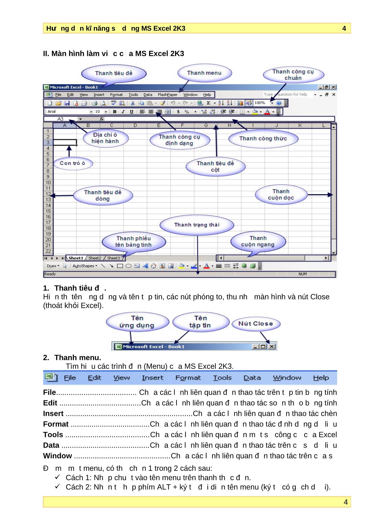 Bài giảng Hướng dẫn kĩ năng sử dụng Microsoft Excel 2003 trang 4