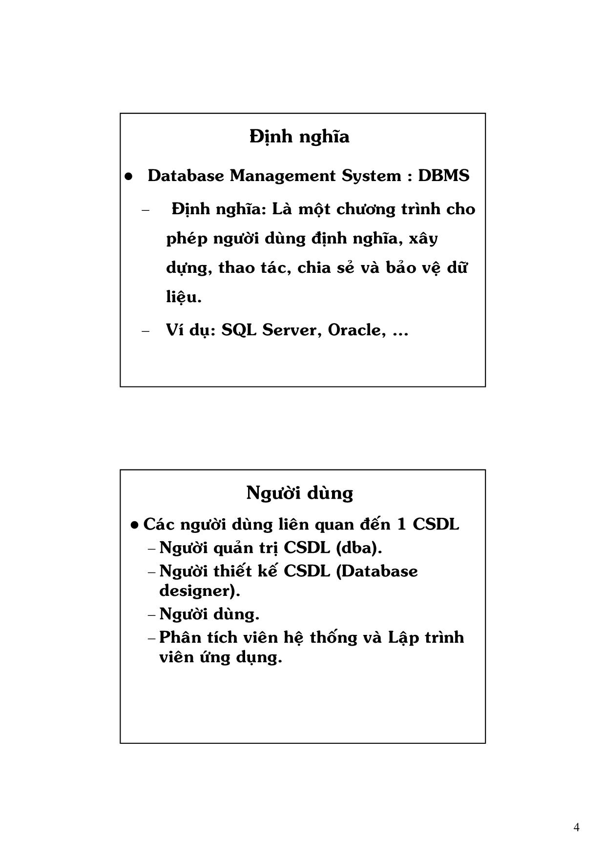 Bài giảng Tổng quan về một hệ quản trị cơ sở dữ liệu trang 4