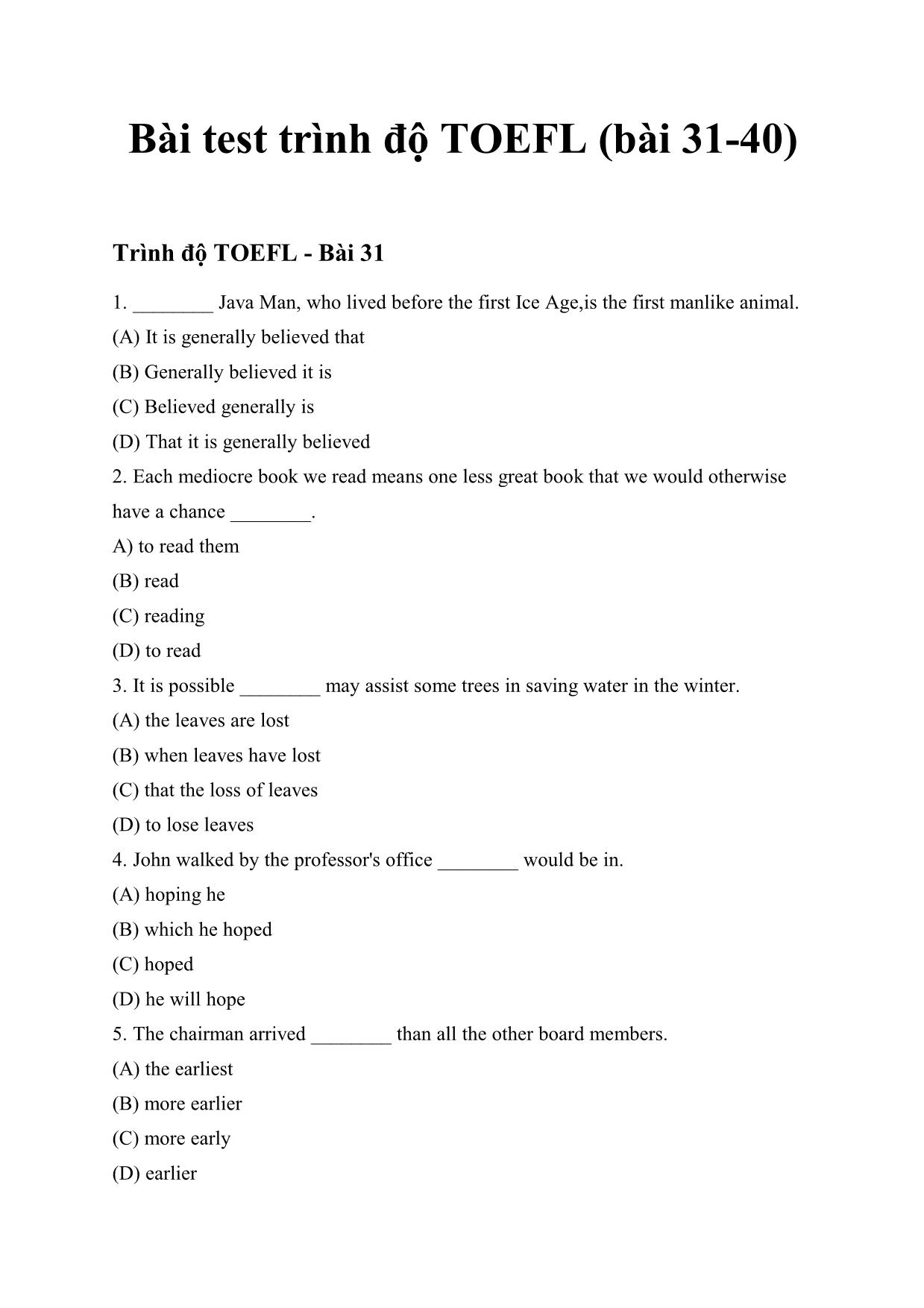 Bài test trình độ TOEFL trang 1