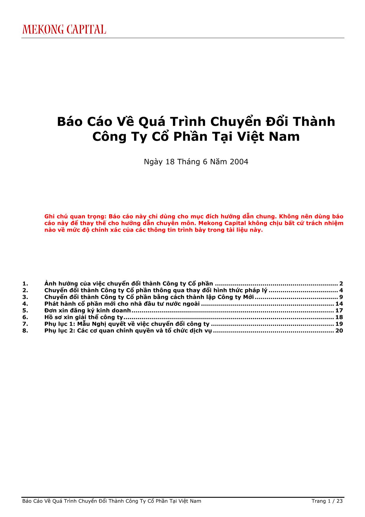 Báo cáo Về quá trình chuyển đổi thành công ty cổ phần tại Việt Nam trang 1