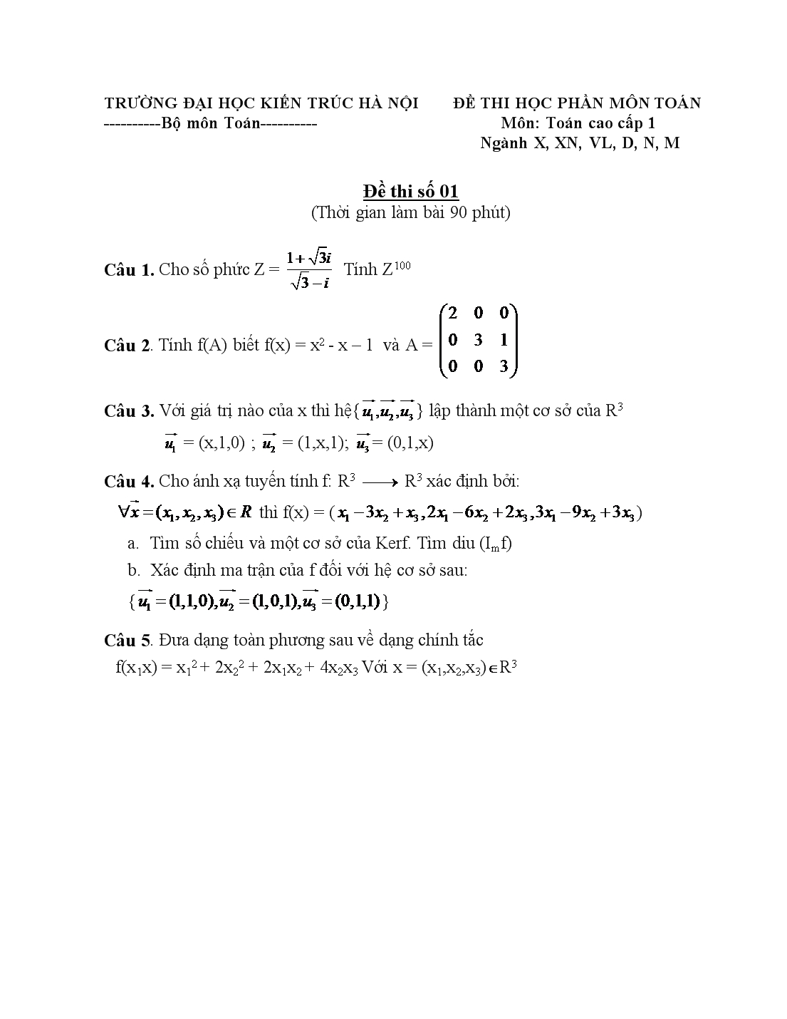 Đề thi học phần môn toán cao cấp 1 trang 1