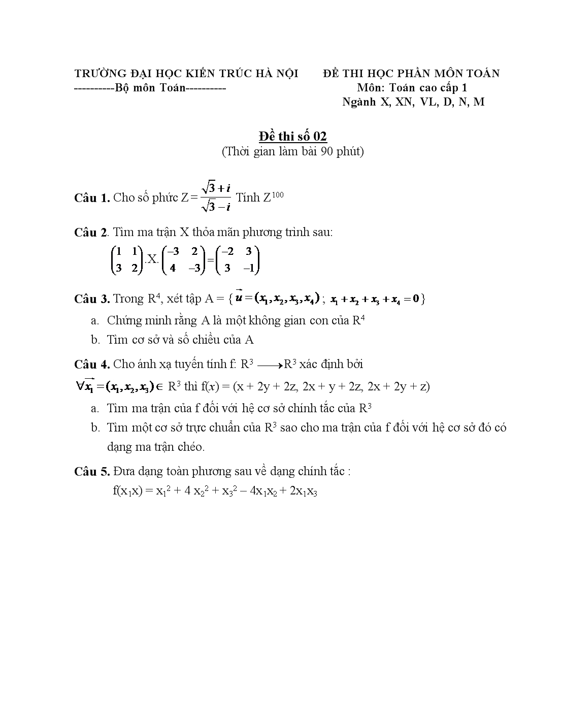 Đề thi học phần môn toán cao cấp 1 trang 2