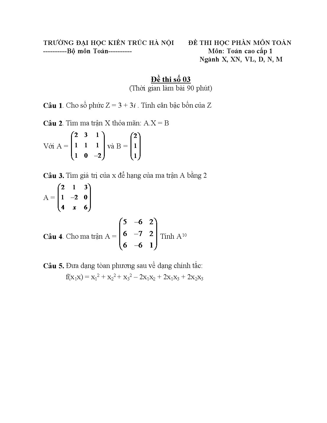 Đề thi học phần môn toán cao cấp 1 trang 3