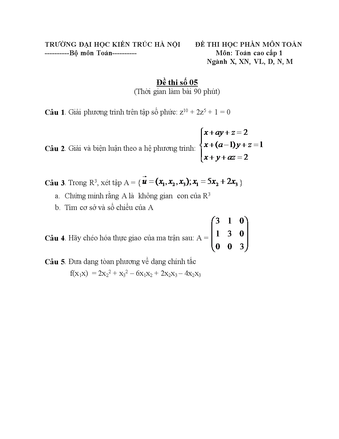 Đề thi học phần môn toán cao cấp 1 trang 5