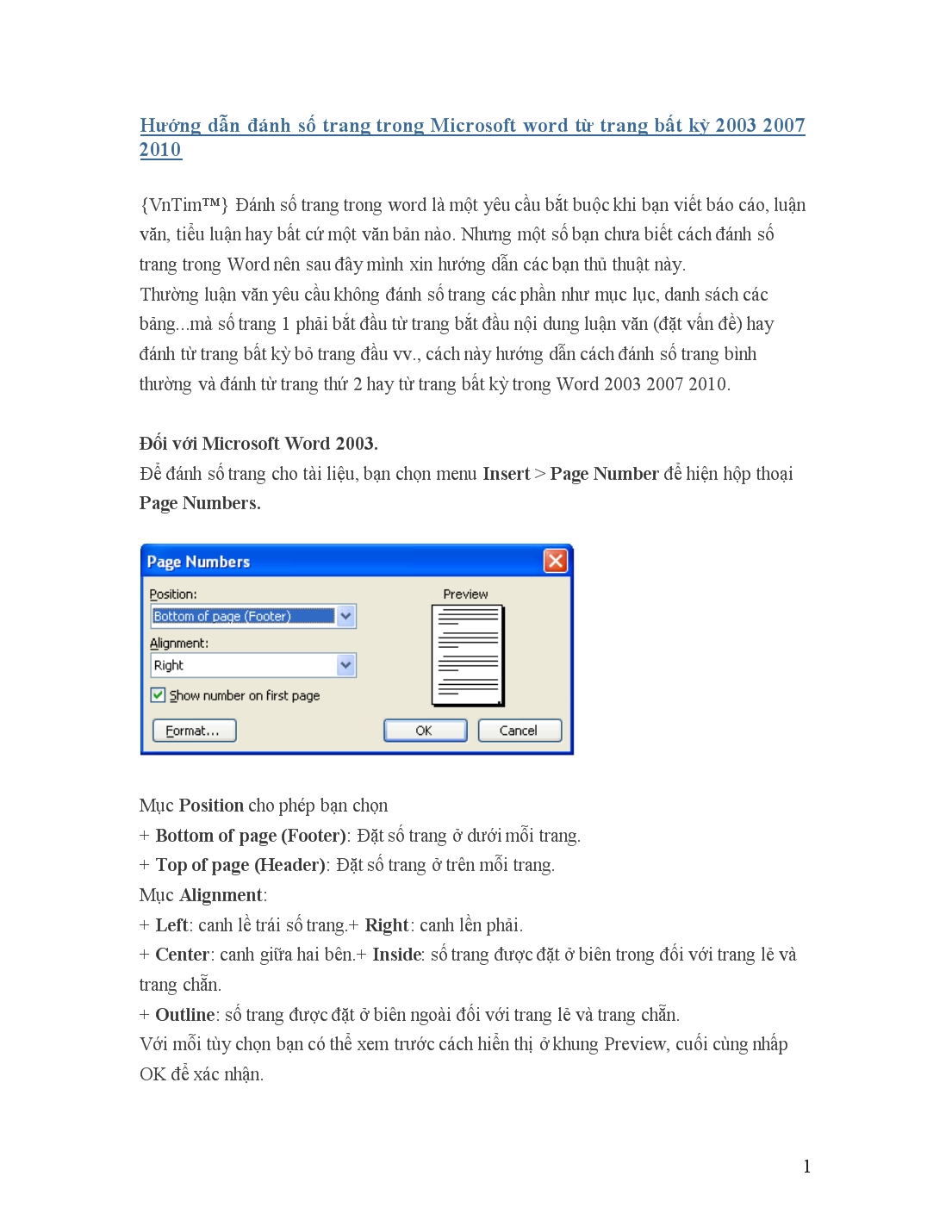Hướng dẫn đánh số trang trong Microsoft word từ trang bất kỳ 2003 2007 2010 trang 1