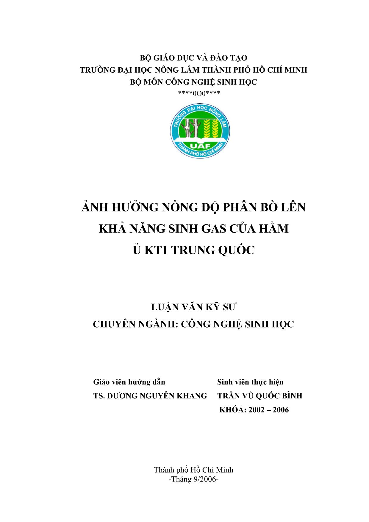 Luận văn Ảnh hưởng nồng độ phân bõ lên khả năng sinh gas của hầm ủ kt1 Trung Quốc trang 2