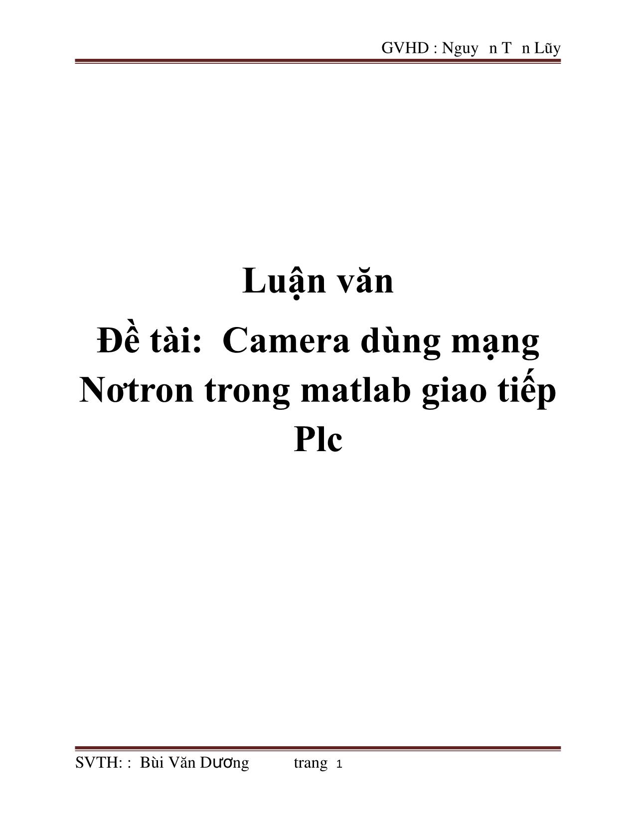 Luận văn Camera dùng mạng Nơtron trong matlab giao tiếp Plc trang 1