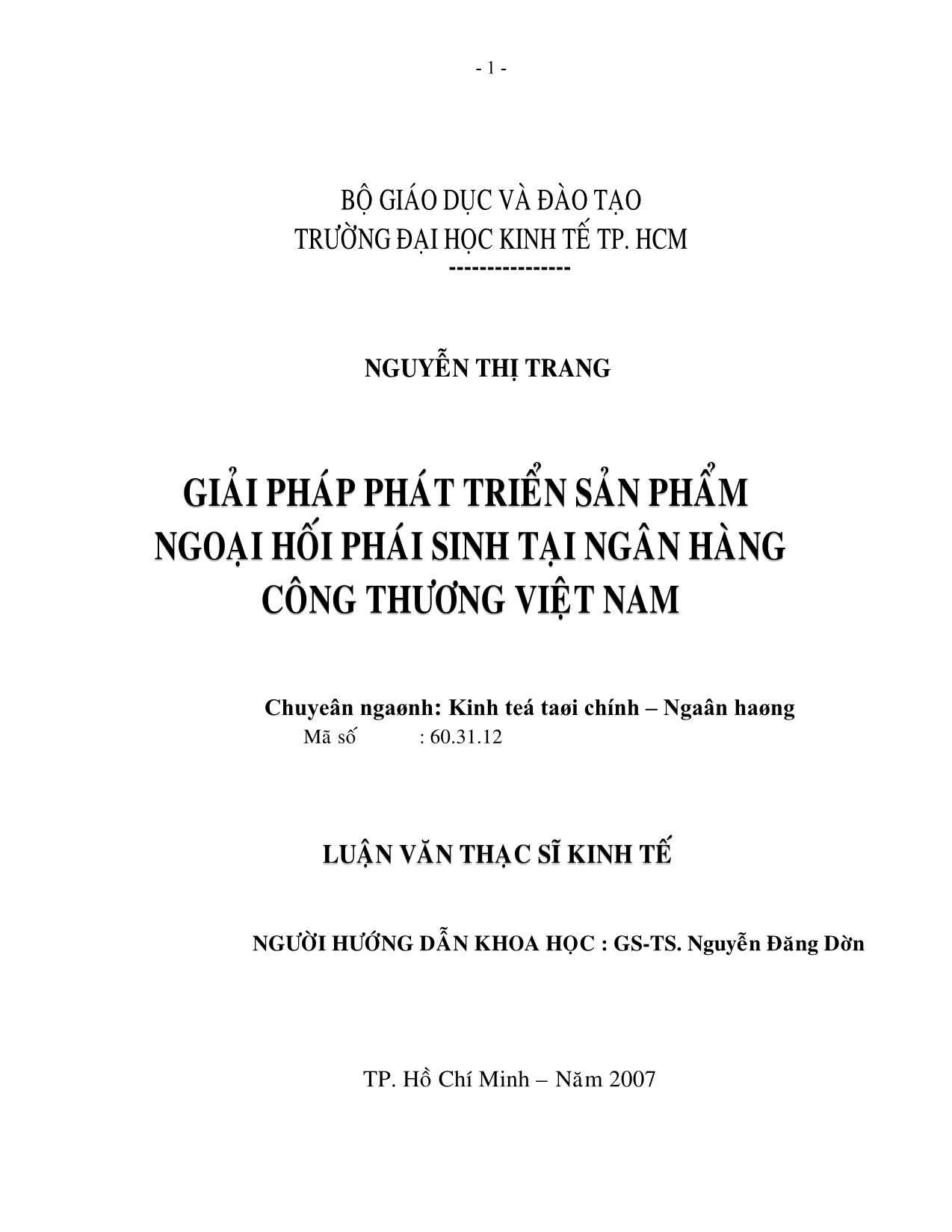 Luận văn Giải pháp phát triển sản phẩm ngoại hối phái sinh tại ngân hàng công thương Việt Nam trang 1