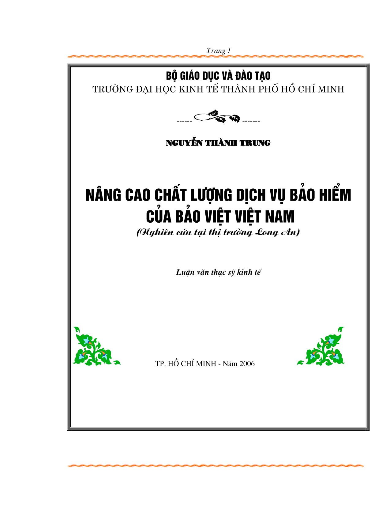 Luận văn Nâng cao chất lượng dịch vụ bảo hiểm của Bảo Việt Việt Nam (Nghiên cứu tại thị trường Long An) trang 1
