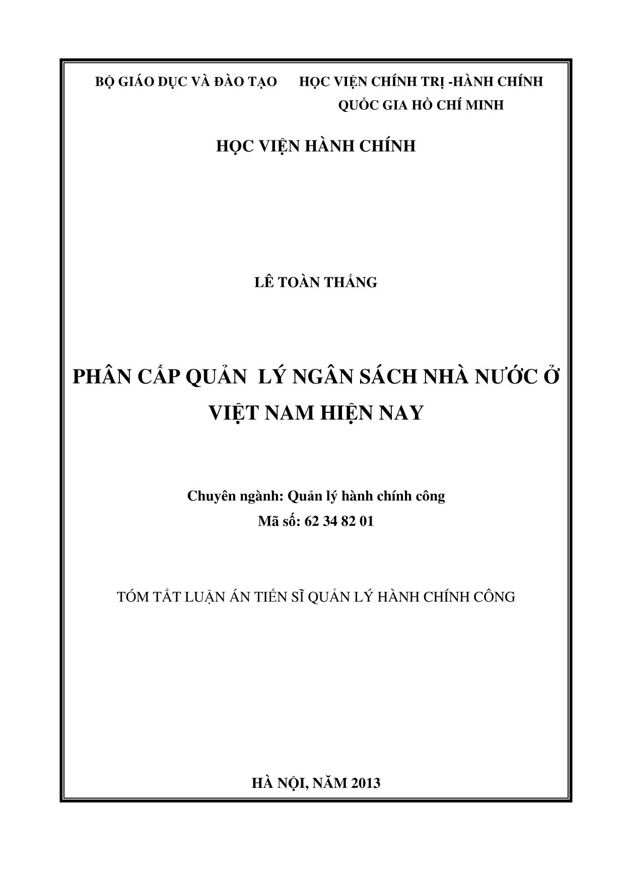 Luận văn Phân cấp quản lý ngân sách nhà nước ở Việt Nam hiện nay trang 1