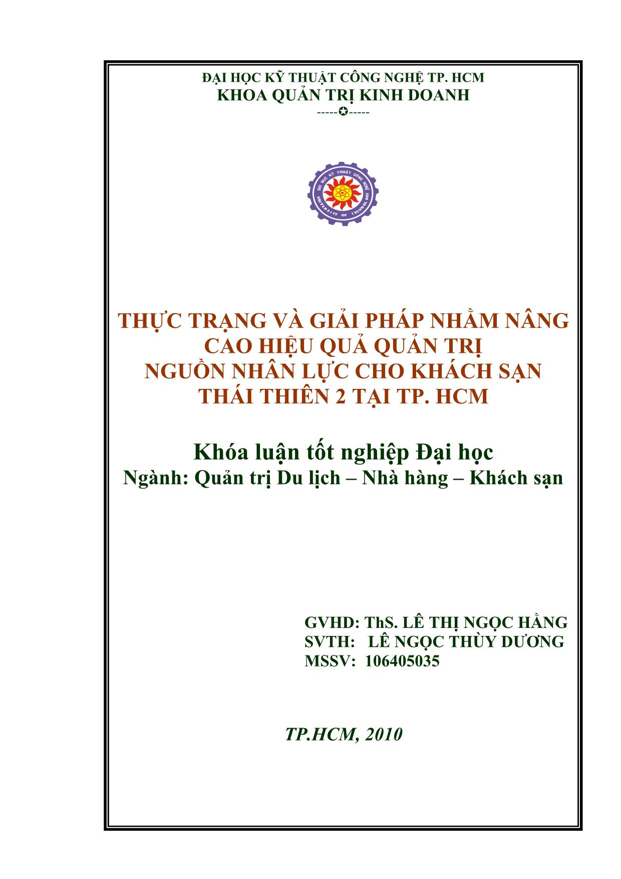 Luận văn Thực trạng và giải pháp nhằm nâng cao hiệu quả quản trị nguồn nhân lực cho khách sạn thái thiên 2 tại thành phố Hồ Chí Minh trang 1