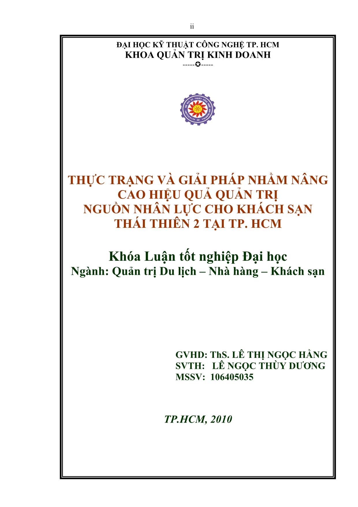 Luận văn Thực trạng và giải pháp nhằm nâng cao hiệu quả quản trị nguồn nhân lực cho khách sạn thái thiên 2 tại thành phố Hồ Chí Minh trang 2