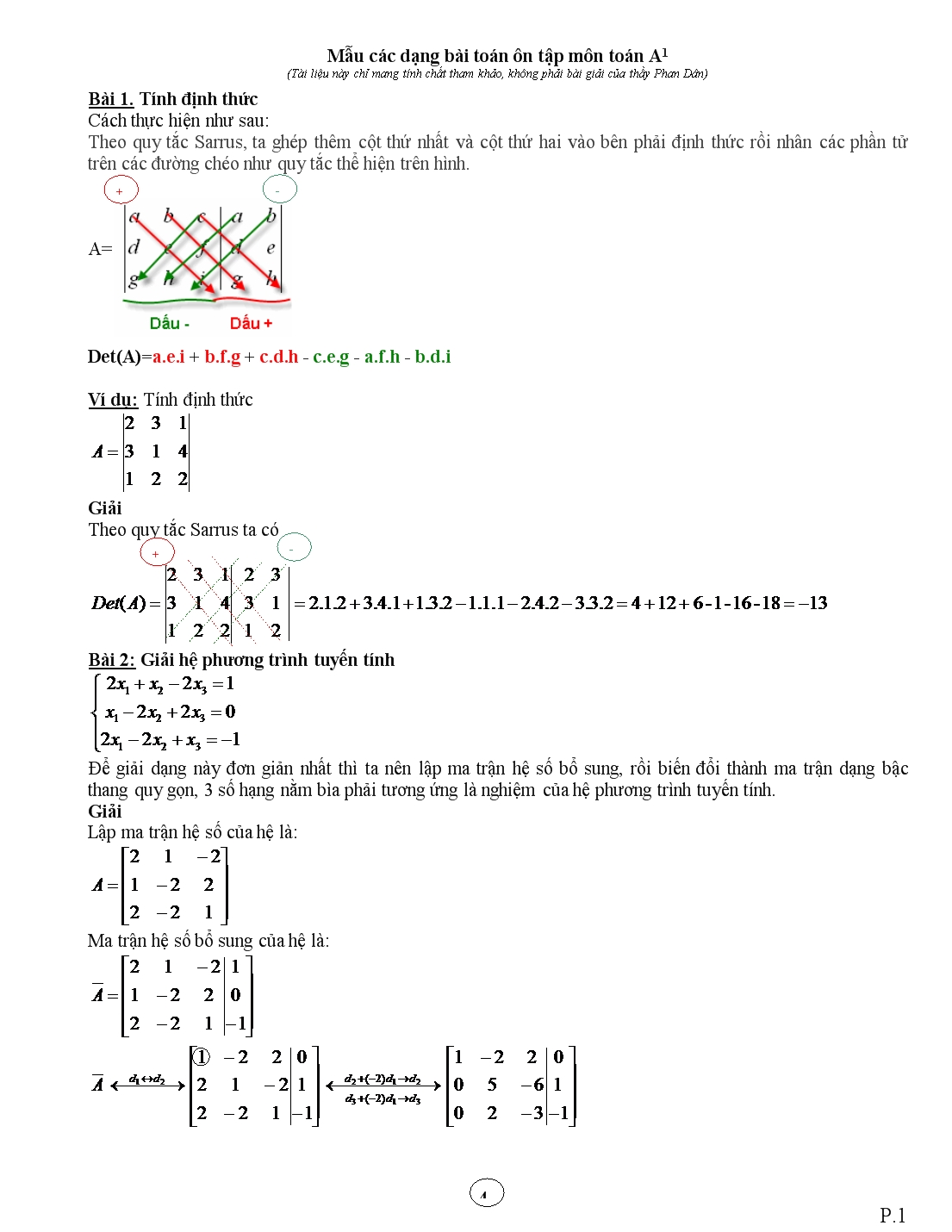 Mẫu các dạng bài toán ôn tập môn toán A1 trang 1