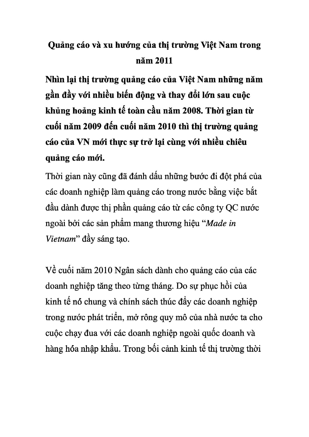 Quảng cáo và các xu hướng của thị trường Việt Nam trong năm 2011 trang 1