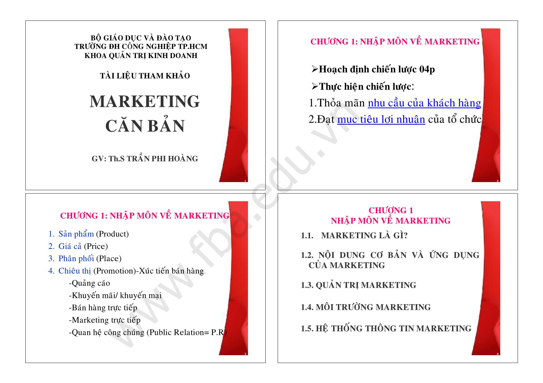 Bài giảng về hoạt động Marketing căn bản trang 1