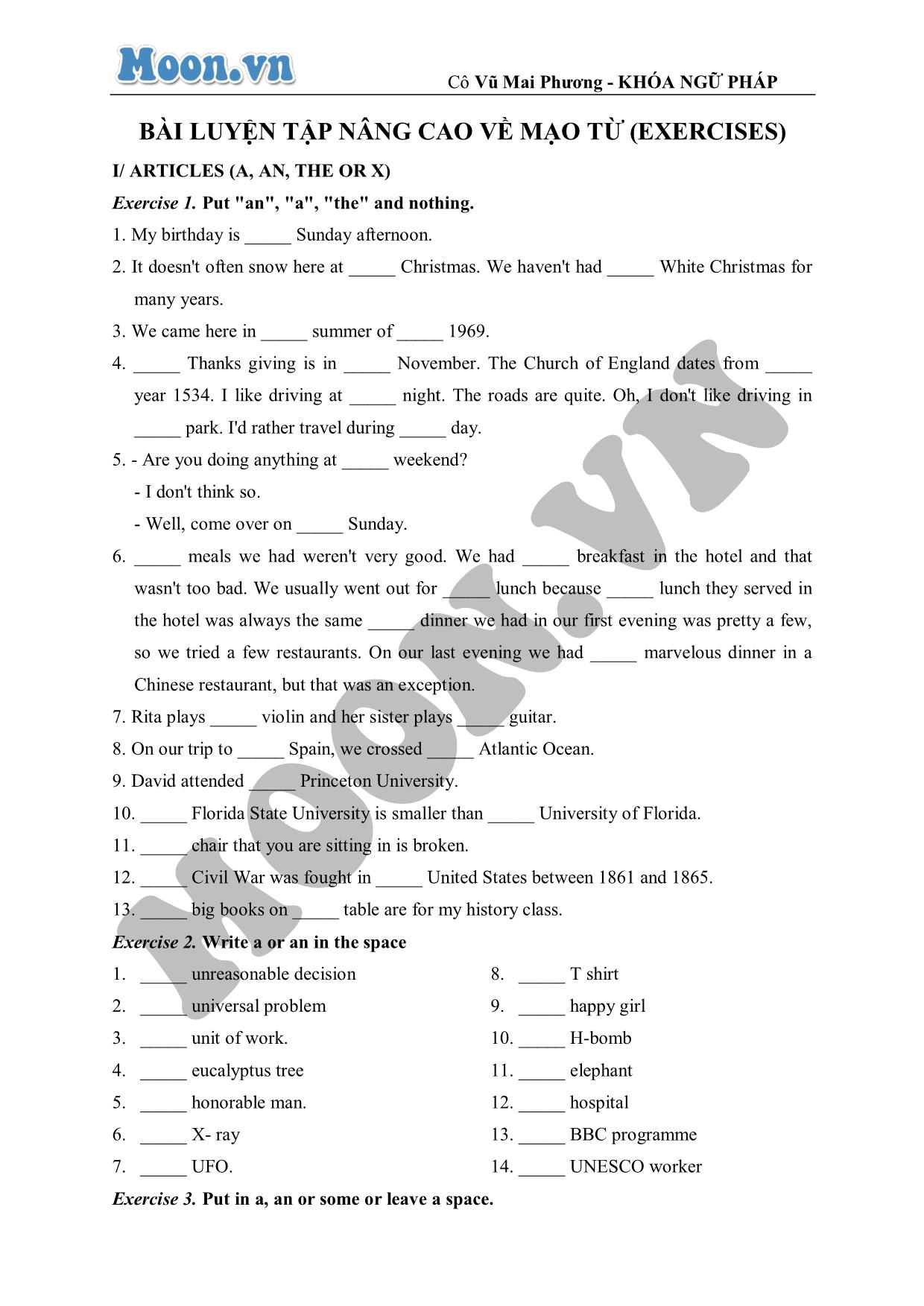 Bài luyện tập nâng cao về mạo từ (exercises) trang 1