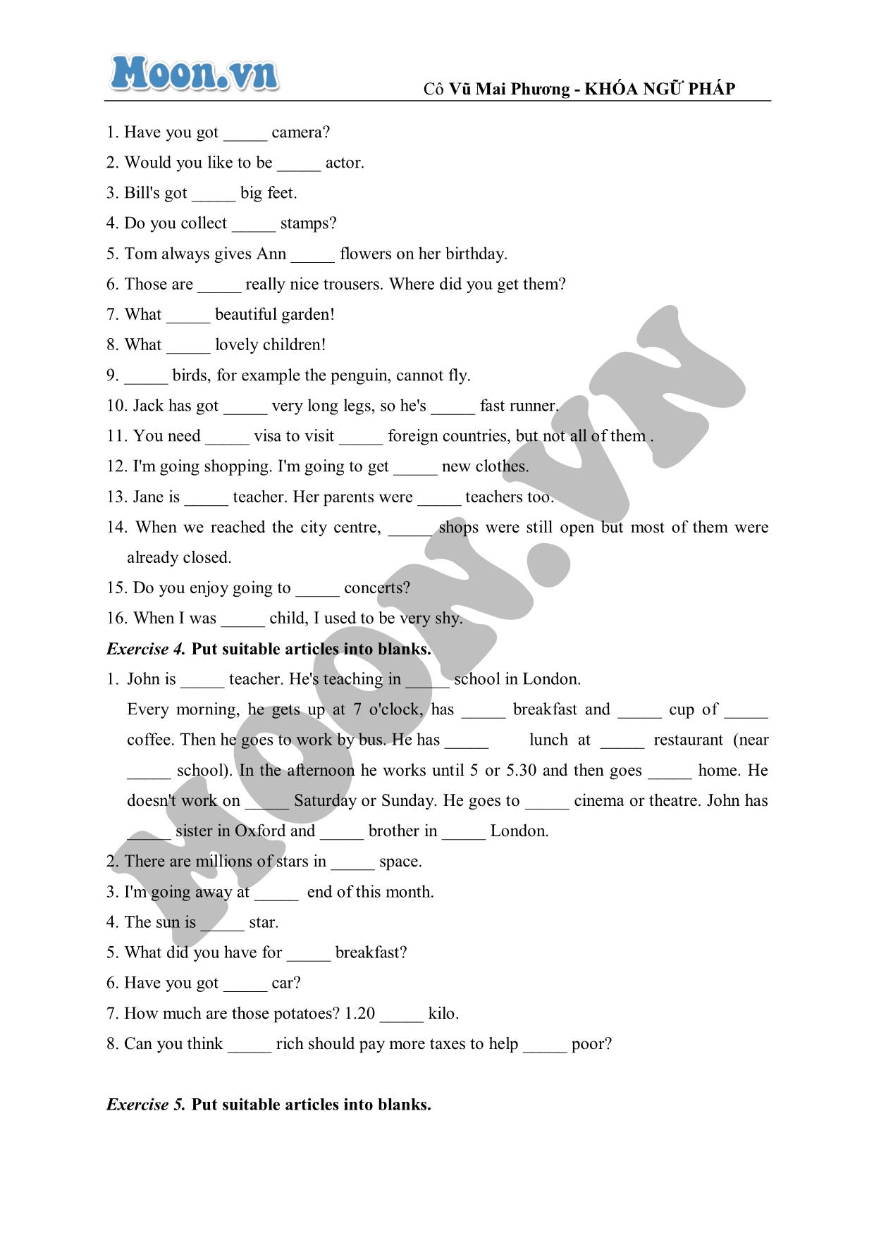 Bài luyện tập nâng cao về mạo từ (exercises) trang 2