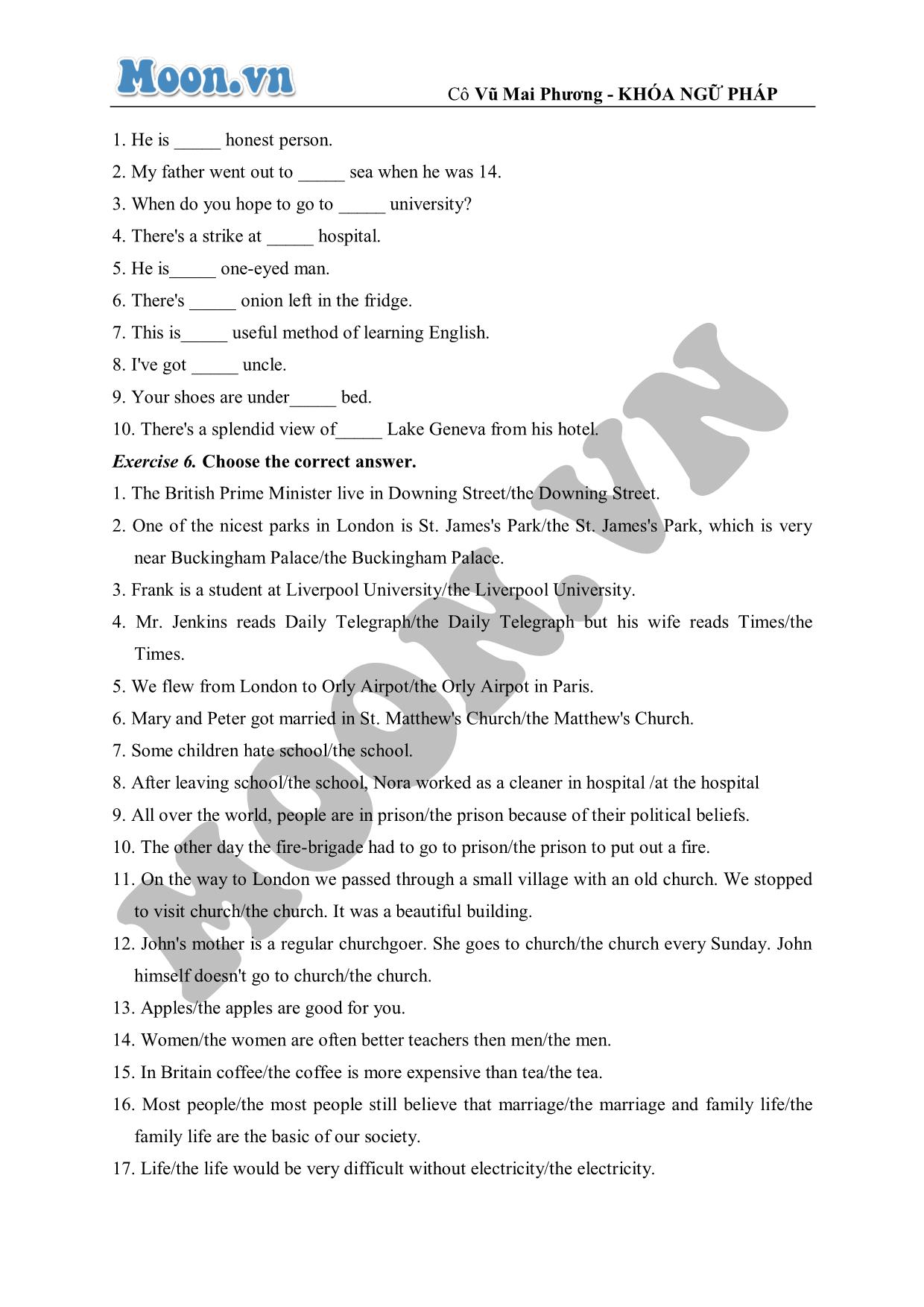 Bài luyện tập nâng cao về mạo từ (exercises) trang 3