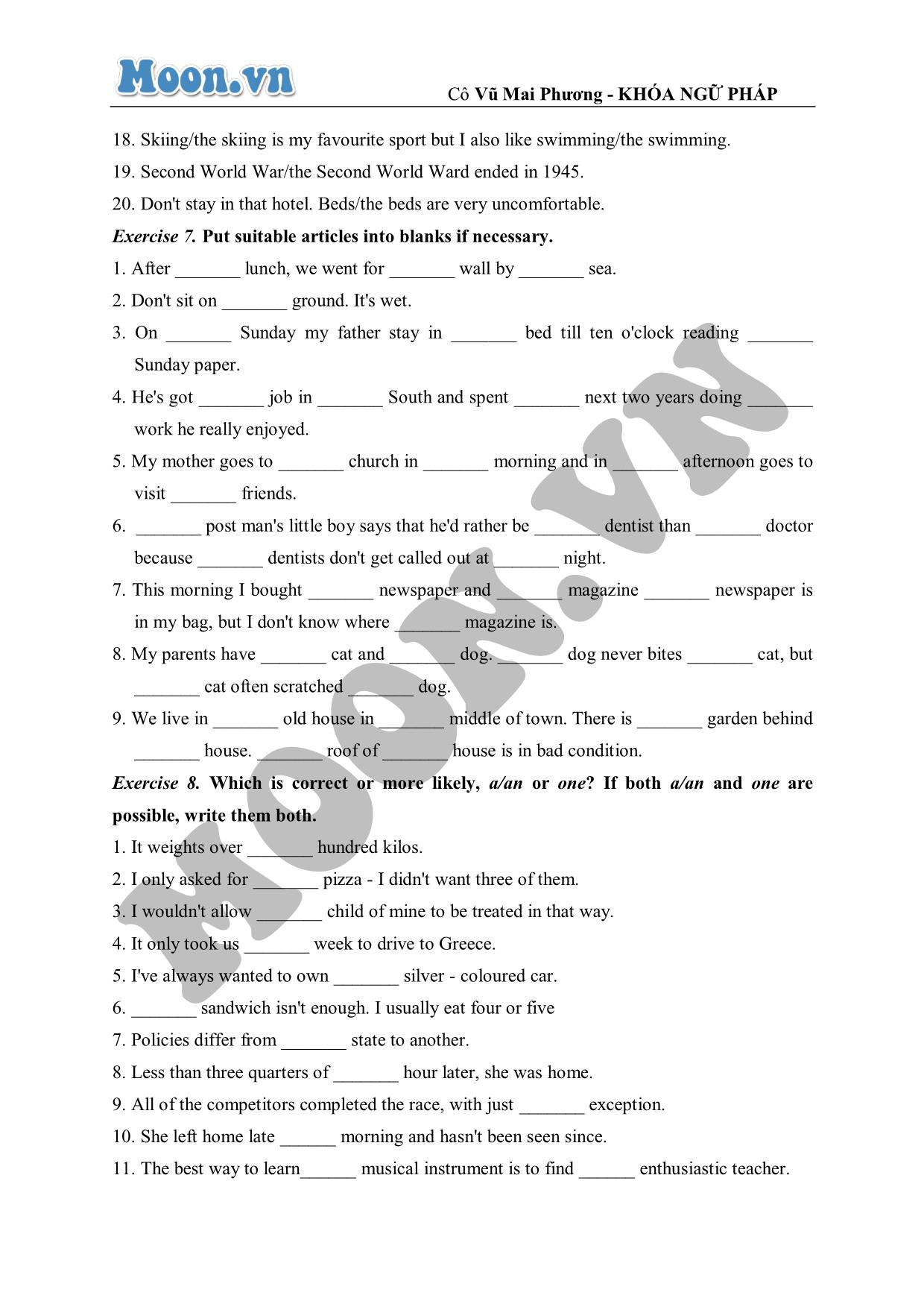 Bài luyện tập nâng cao về mạo từ (exercises) trang 4