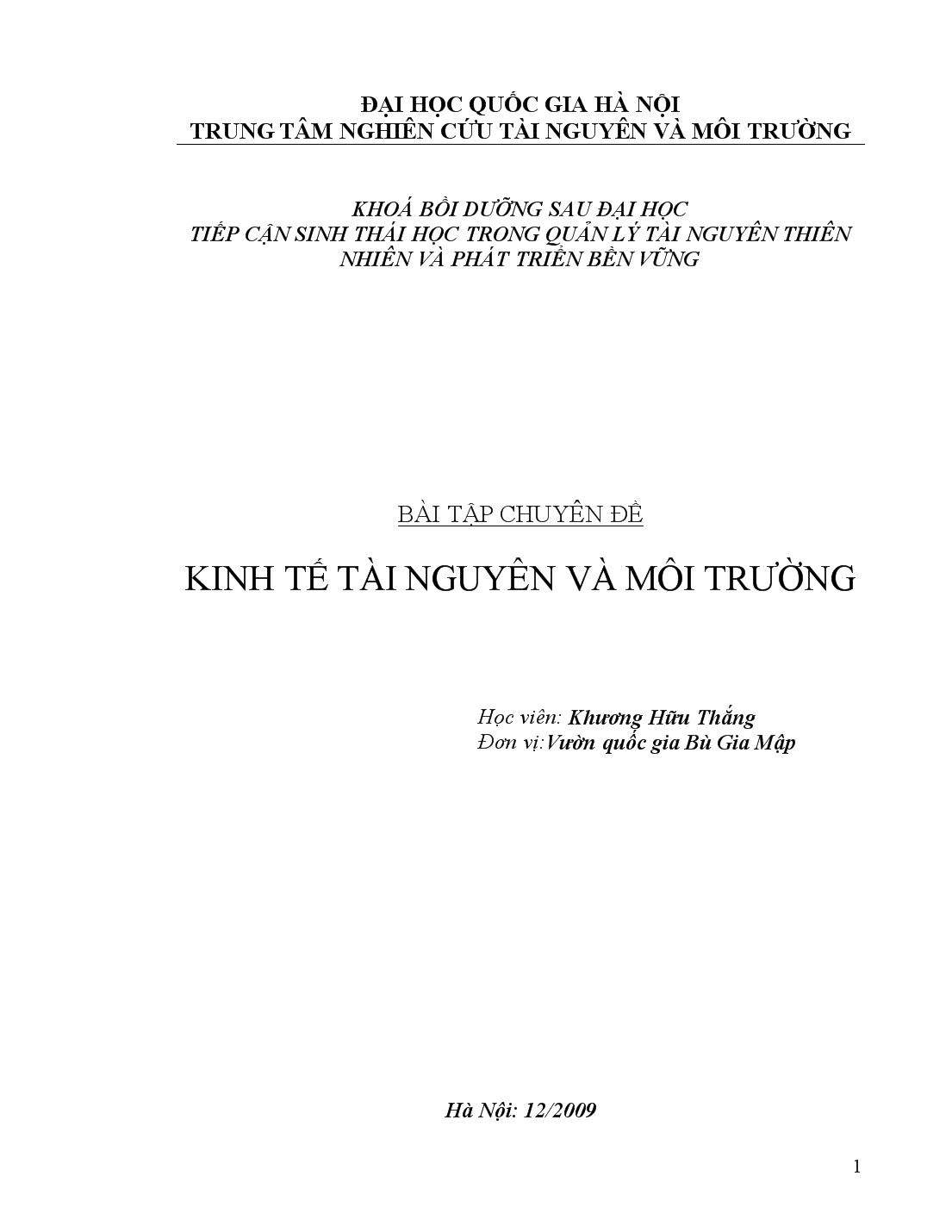 Bài tập Chuyên đề kinh tế tài nguyên và môi trường trang 1