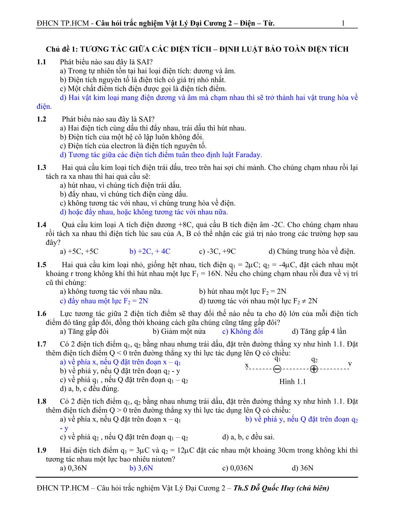 Câu hỏi trắc nghiệm vật lý đại cương 2 trang 1