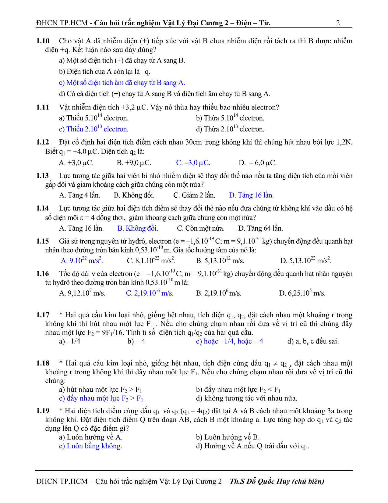 Câu hỏi trắc nghiệm vật lý đại cương 2 trang 2