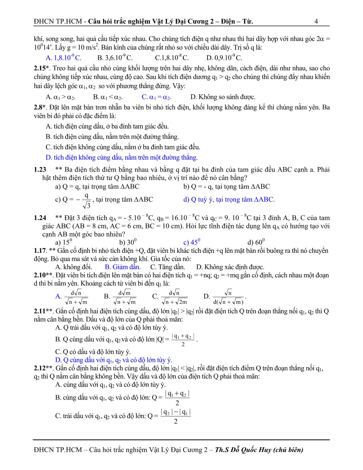 Câu hỏi trắc nghiệm vật lý đại cương 2 trang 4