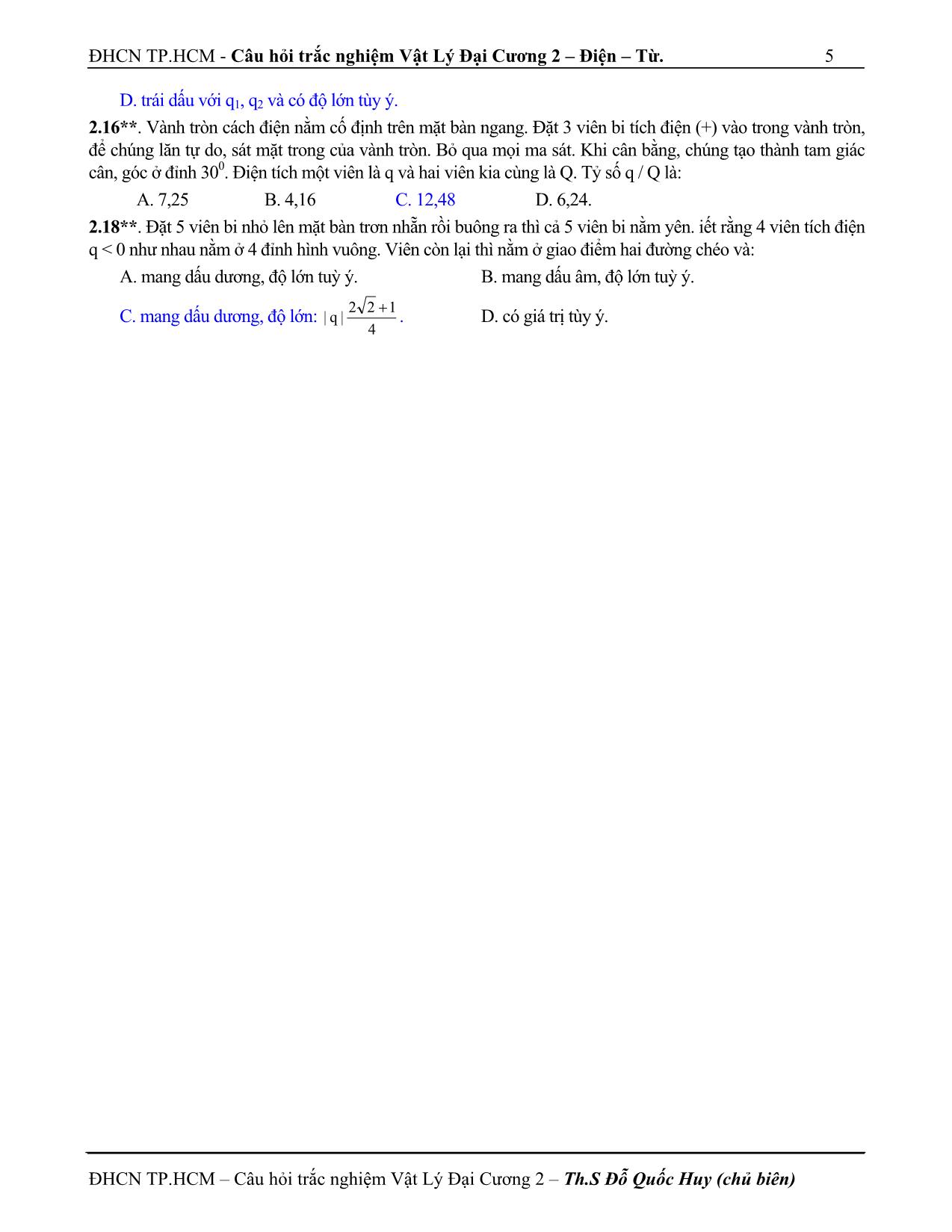Câu hỏi trắc nghiệm vật lý đại cương 2 trang 5