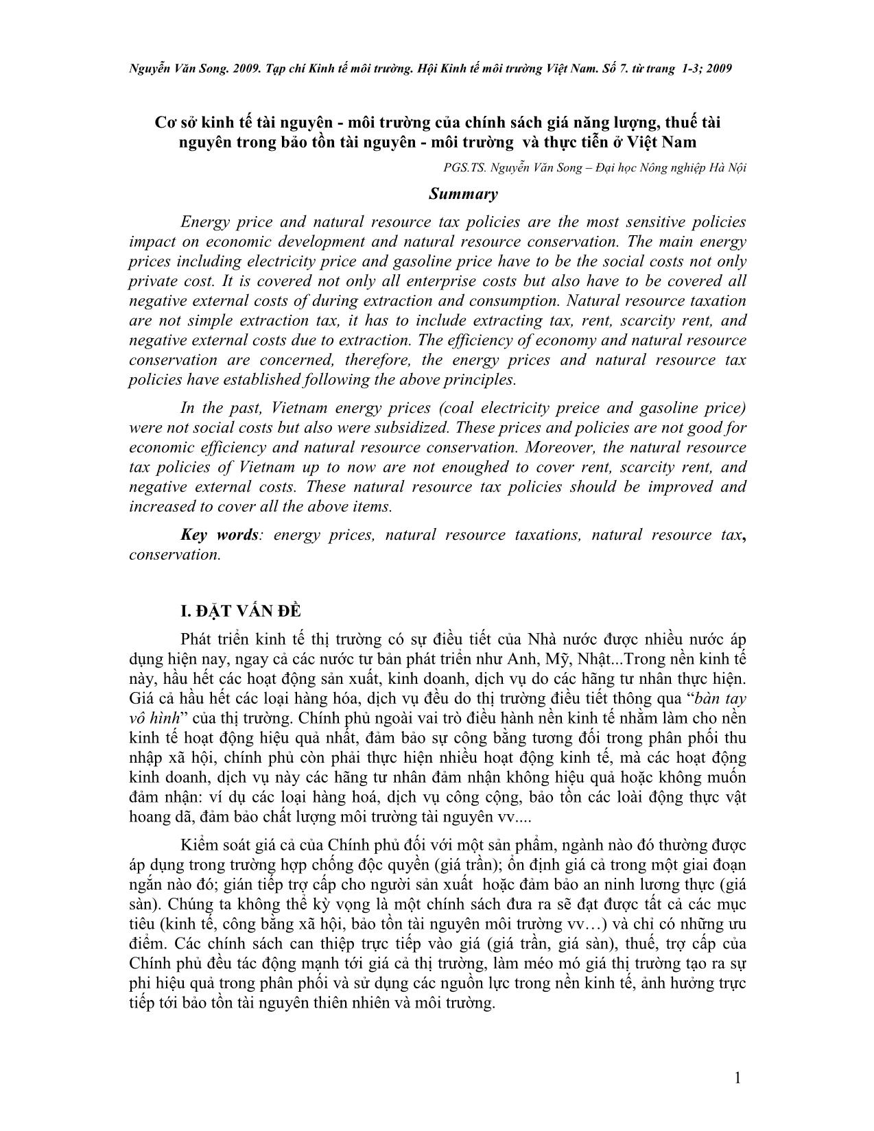 Cơ sở kinh tế tài nguyên - Môi trường của chính sách giá năng lượng, thuế tài nguyên trong bảo tồn tài nguyên - môi trường và thực tiễn ở Việt Nam trang 1