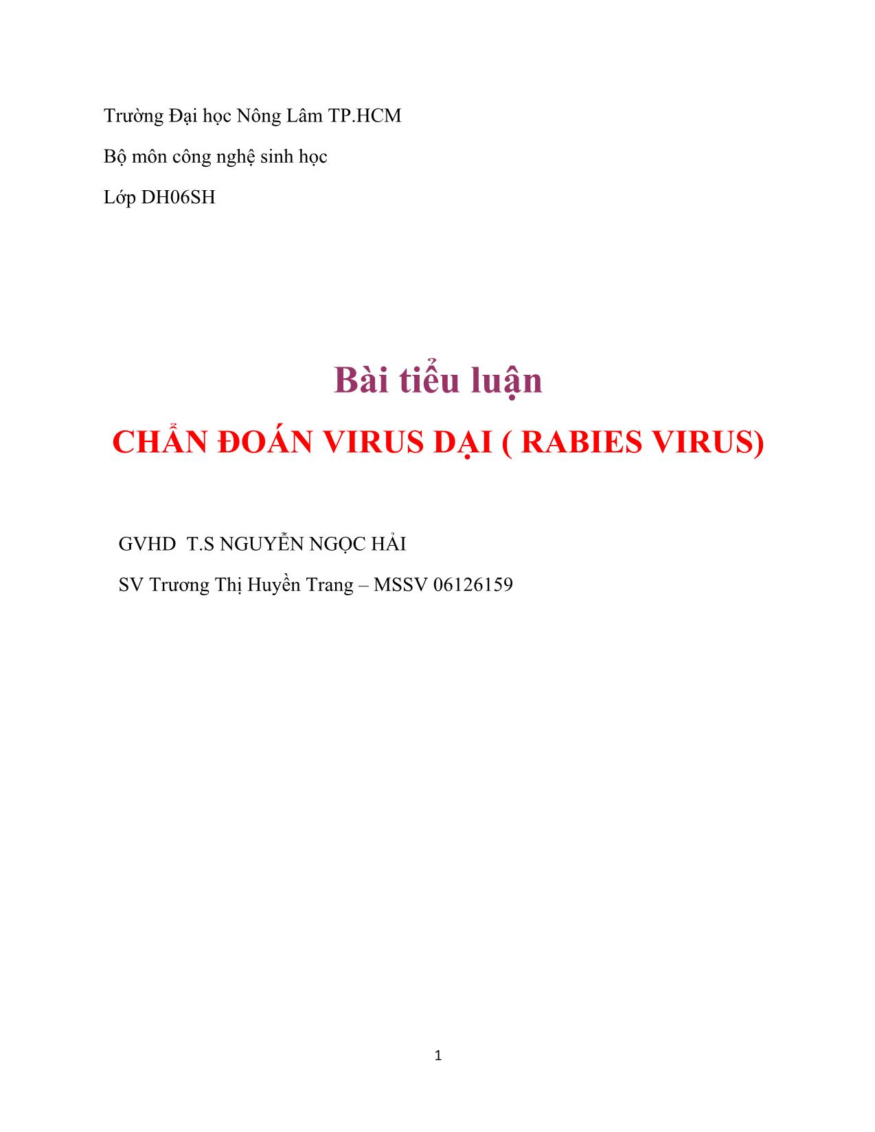 Đề tài Chẩn đoán virus dại ( rabies virus) trang 1