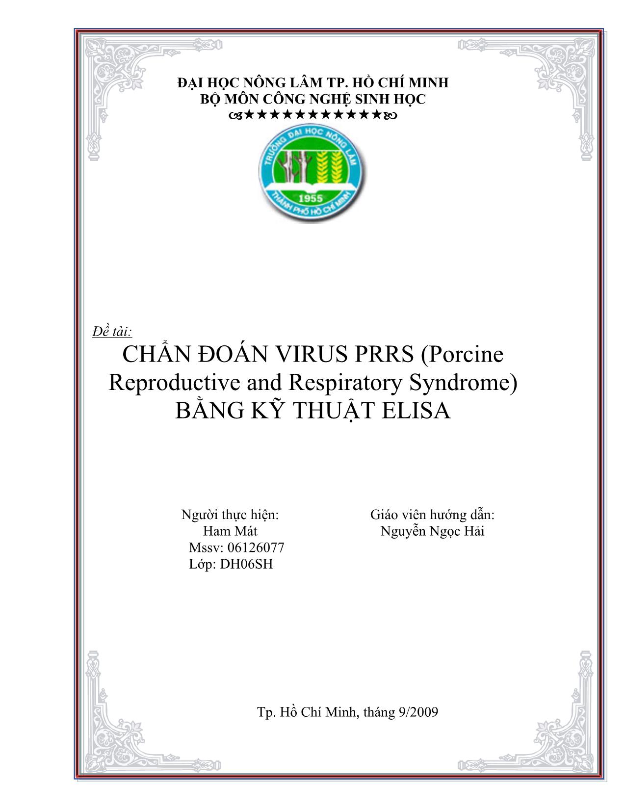 Đề tài Chẩn đoán virus prrs (porcine reproductive and respiratory syndrome) bằng kỹ thuật elisa trang 1