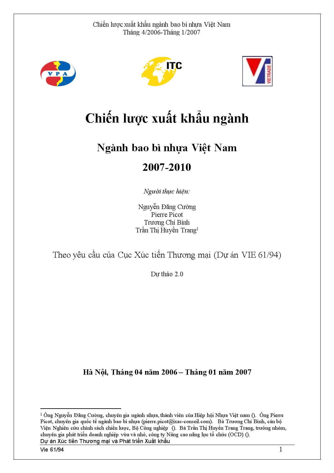 Đề tài Chiến lược xuất khẩu ngành Ngành bao bì nhựa Việt Nam 2007-2010 trang 1
