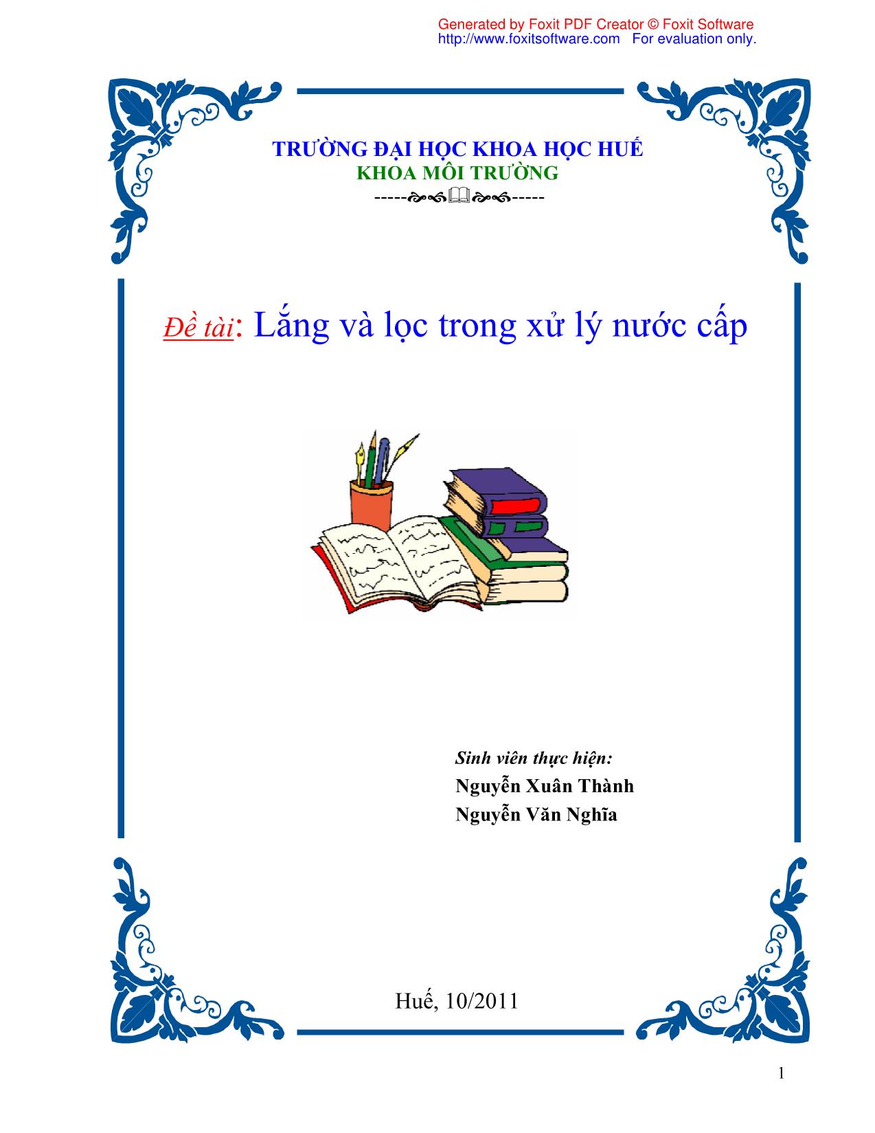 Đề tài Lắng và lọc trong xử lý nước cấp trang 1