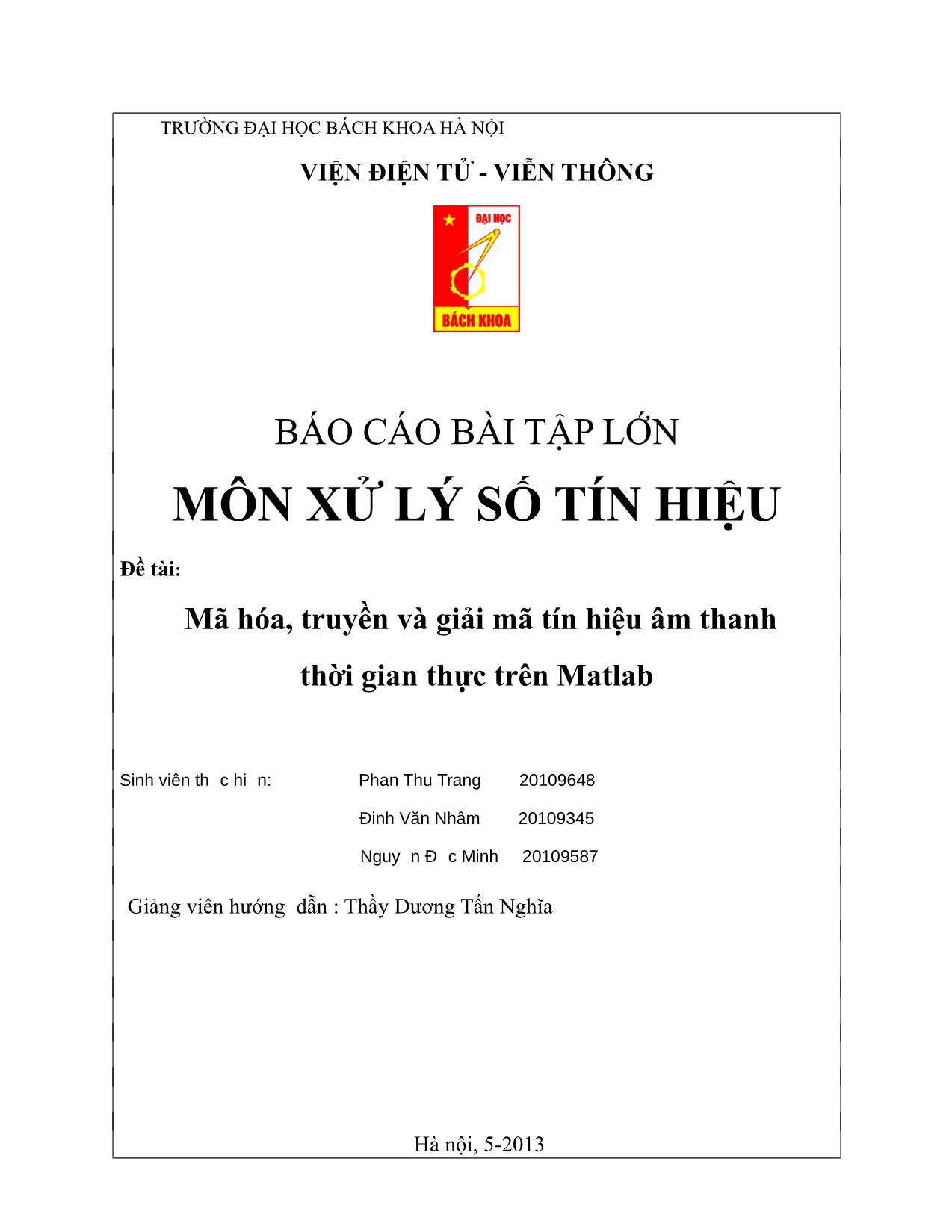 Đề tài Mã hóa, truyền và giải mã tín hiệu âm thanh thời gian thực trên Matlab trang 1