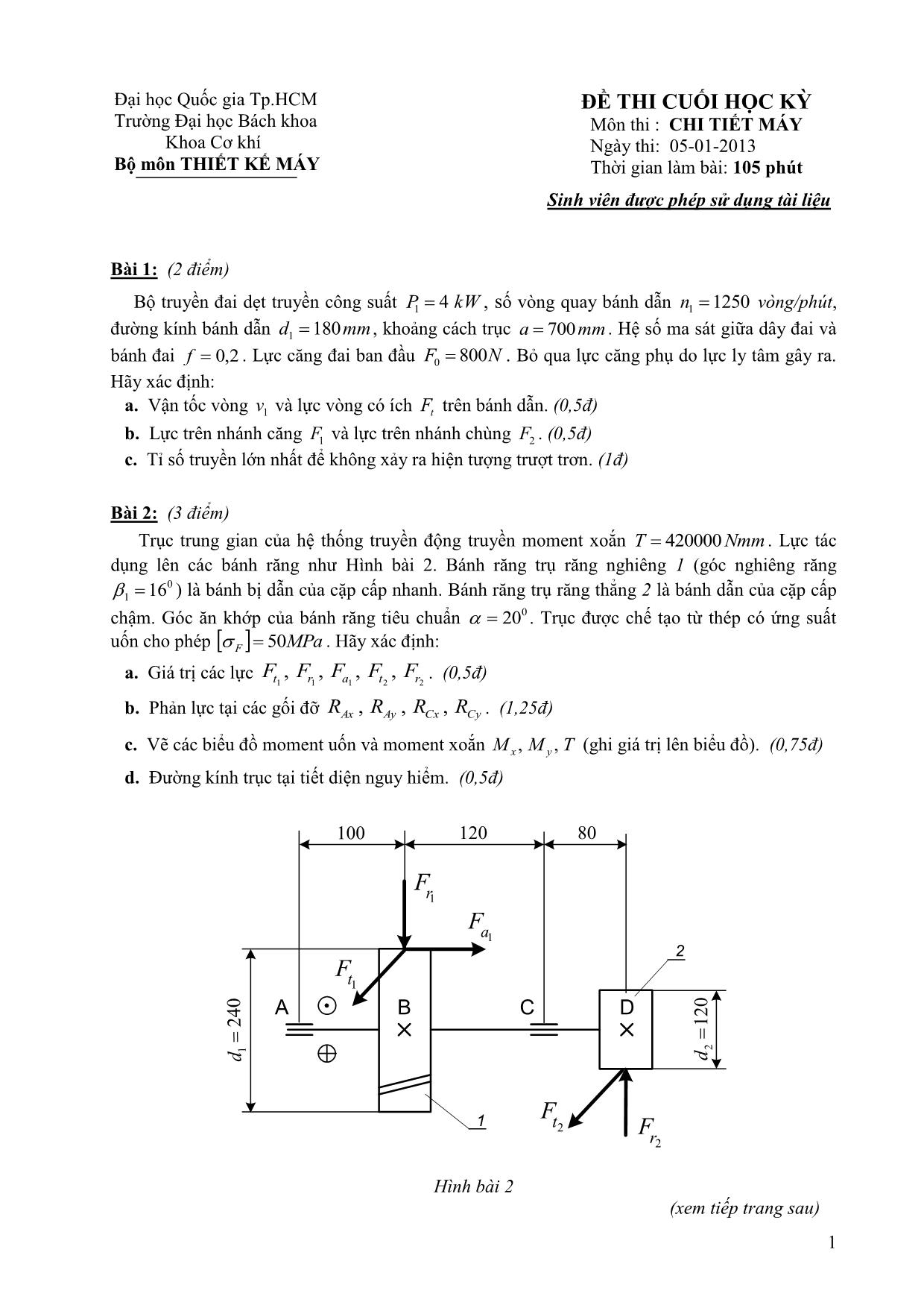 Đề thi cuối học kỳ môn thi : chi tiết máy trang 1