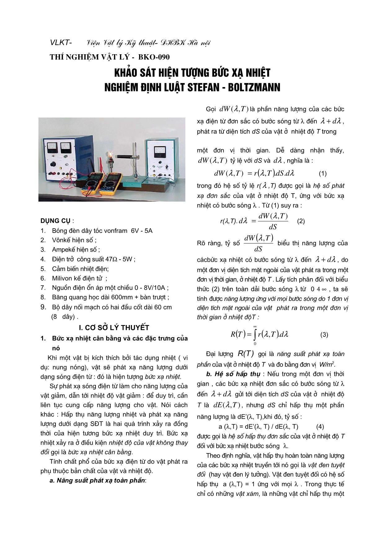 Khảo sát hiện tượng bức xạ nhiệt nghiệm định luật stefan - Boltzmann trang 1