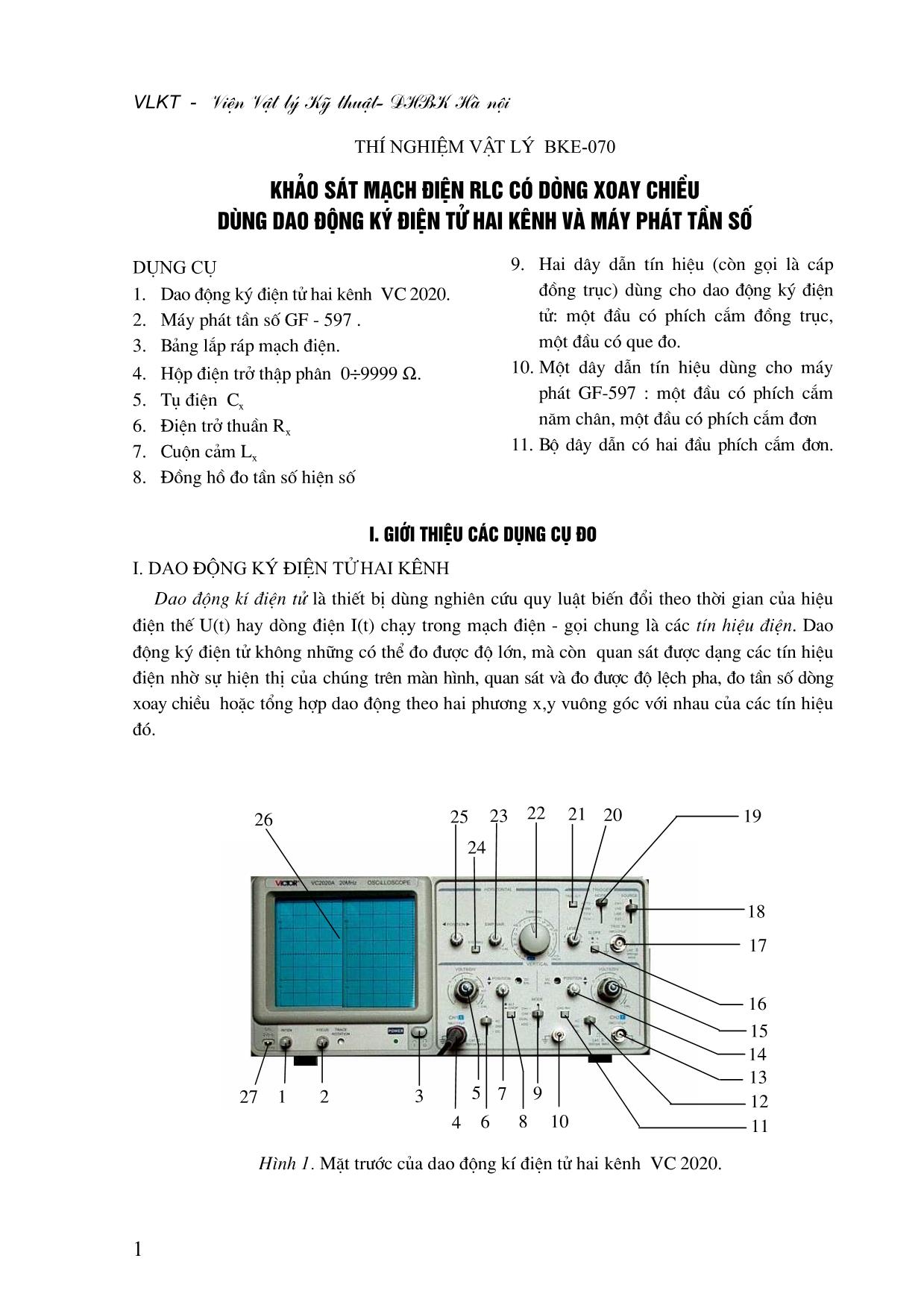 Khảo sát mạch điện RLC có dòng xoay chiều dùng dao động ký điện tử hai kênh và máy phát tần số trang 1