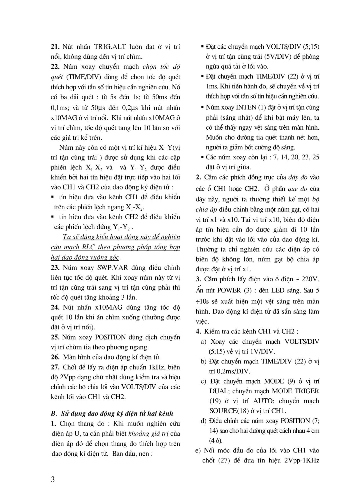 Khảo sát mạch điện RLC có dòng xoay chiều dùng dao động ký điện tử hai kênh và máy phát tần số trang 3